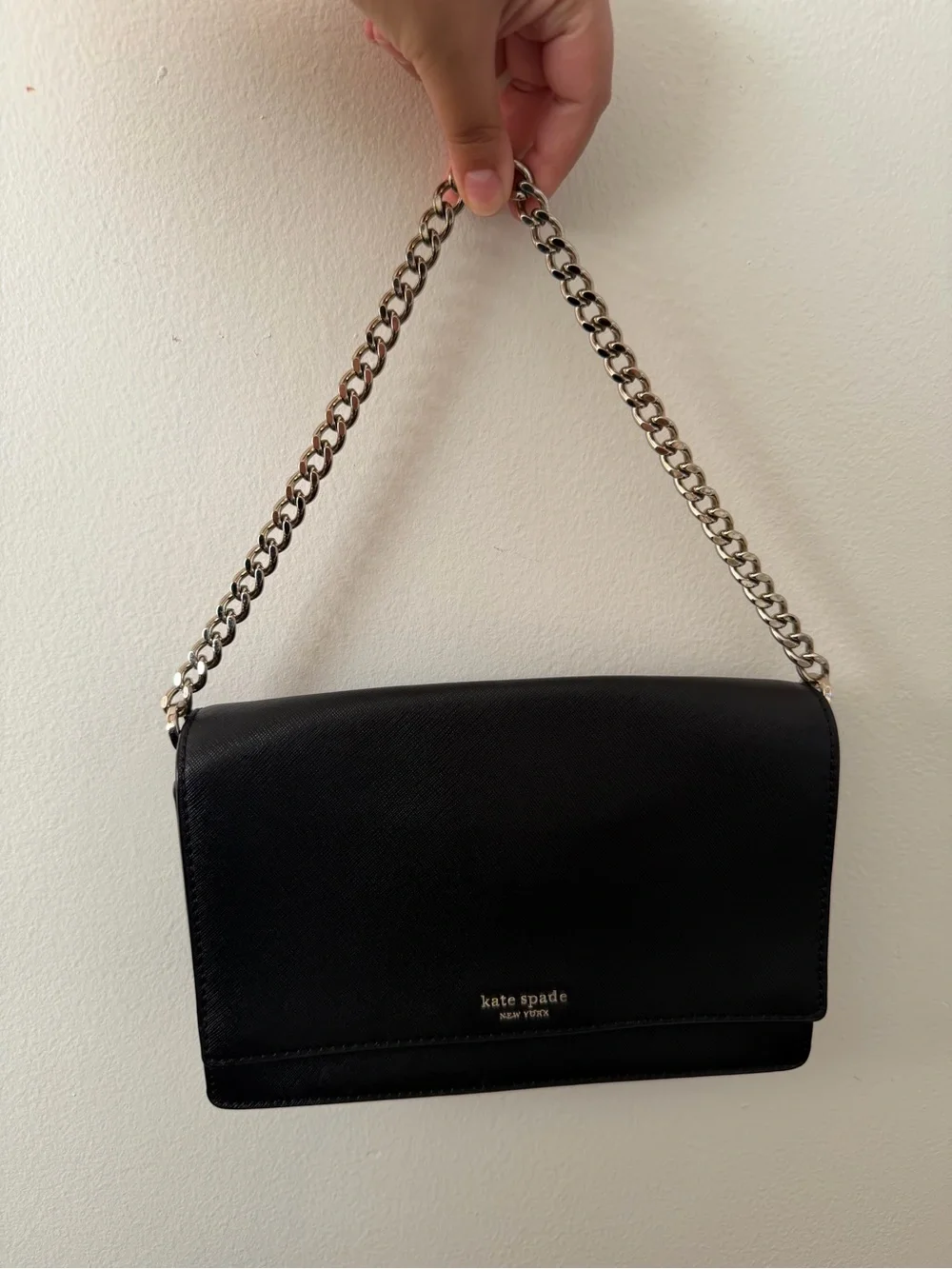kate spade small Black Leather Shoulder Bag with silver Chain